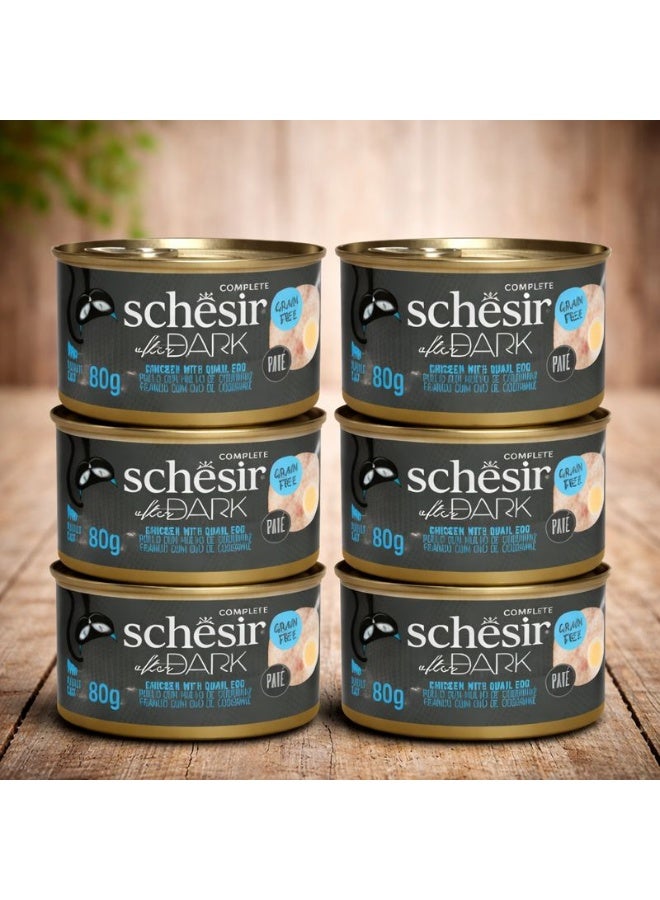 Schesir After Dark Wet Cat Food for Adult Cats – Chicken with Quail Egg Pate – Grain-Free High-Protein Formula – 480 g (6 x 80 g Cans) - Image 1